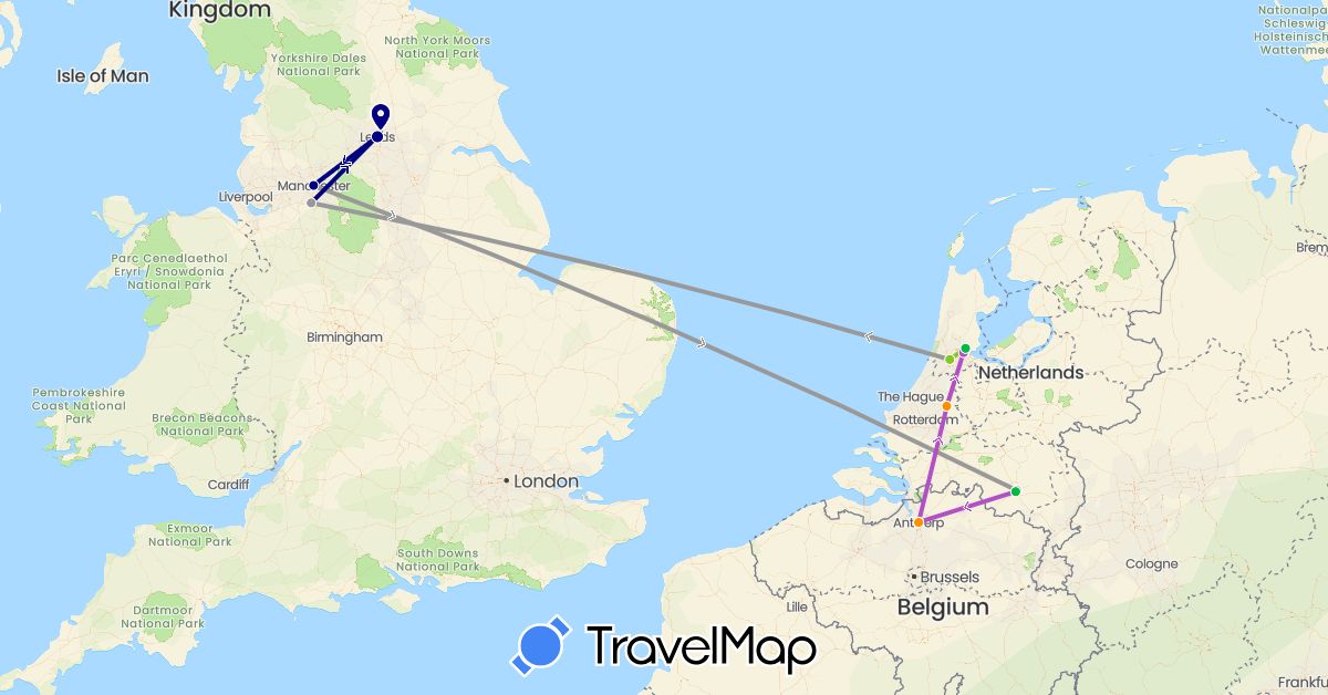 TravelMap itinerary: driving, bus, plane, train, hitchhiking, electric vehicle in Belgium, United Kingdom, Netherlands (Europe)